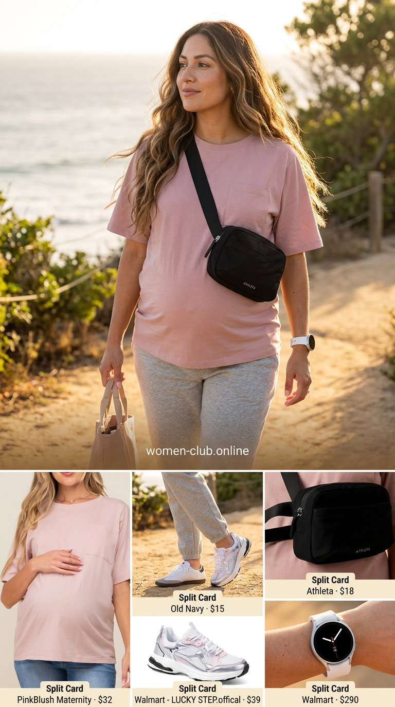 Stylish Maternity Summer Outfits 2026: Athleisure Mama Stylish maternity summer outfits 2026: Charcoal grey joggers, blush pink tee, and rose gold sneakers for casual comfort.