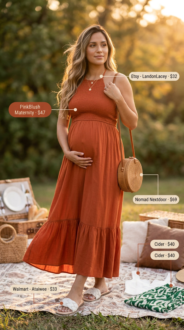 Stylish Maternity Summer Outfits 2026: Bohemian Evening Look Stylish maternity summer outfits 2026: Terracotta tiered maxi sundress with rattan bag for a bohemian evening.