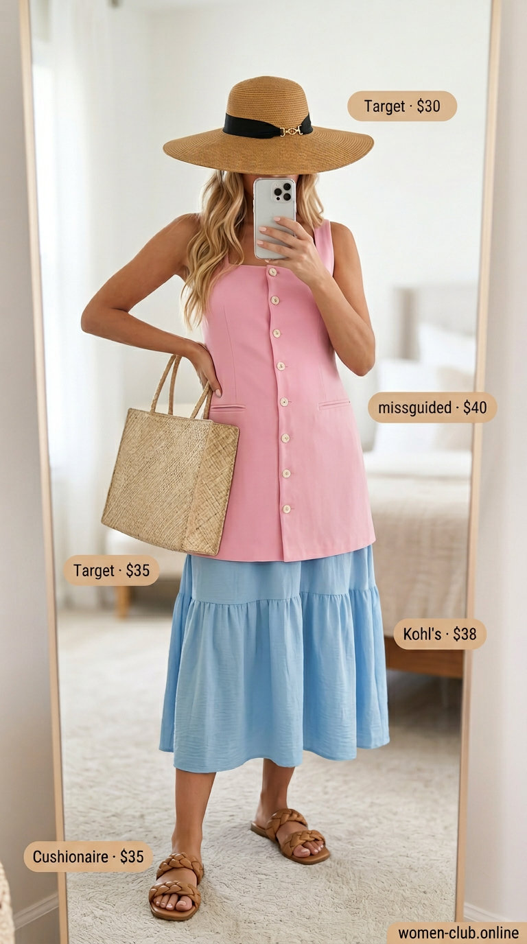Stylish Maternity Summer Outfits 2026: Boho Beach Babe Stylish maternity summer outfits 2026: Sky blue maxi dress, tan sandals, and straw hat for a boho beach vibe.