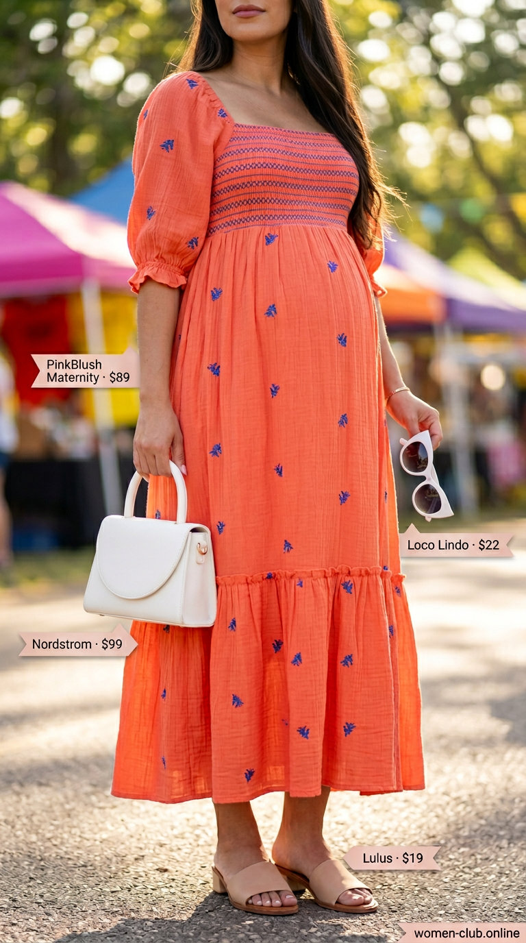 Stylish Maternity Summer Outfits 2026: Vibrant Party Dress Stylish maternity summer outfits 2026: Coral smocked mini dress, nude flats, and oversized sunglasses for a vibrant day out.