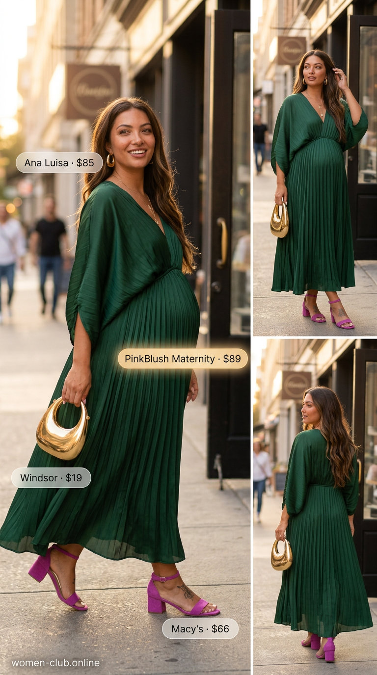 Stylish Maternity Summer Outfits 2026: Glamorous Green Dress Stylish maternity summer outfits 2026: Emerald green empire waist midi dress with hot pink heels for a glamorous brunch.