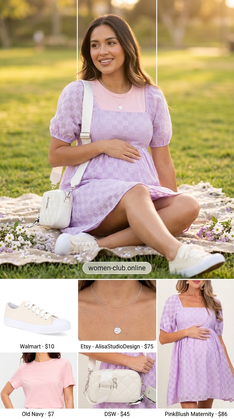 Stylish Maternity Summer Outfits 2026: Playful Picnic Style Stylish maternity summer outfits 2026: Lavender mini sundress with white sneakers for a playful picnic.