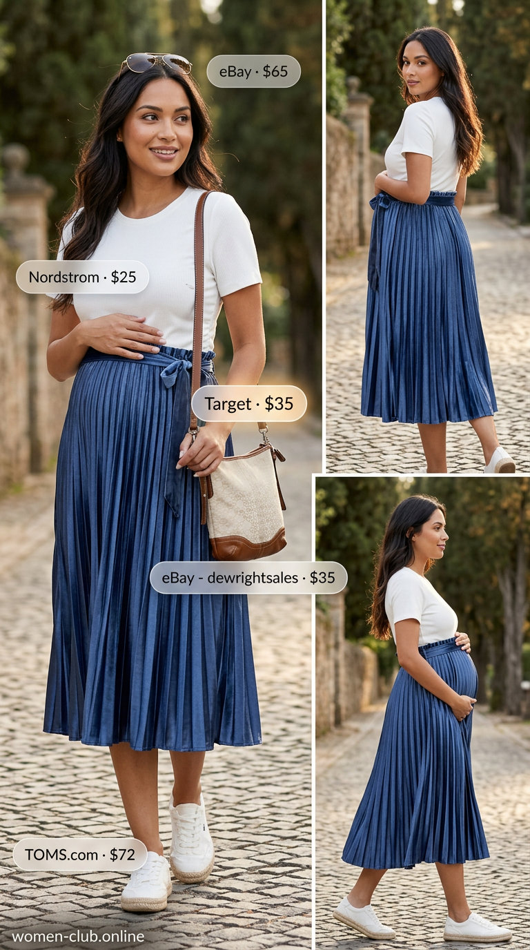 Stylish Maternity Summer Outfits 2026: Lavender Garden Skirt Stylish maternity summer outfits 2026: Lavender A-line skirt, white shirt, and espadrilles for a garden party.