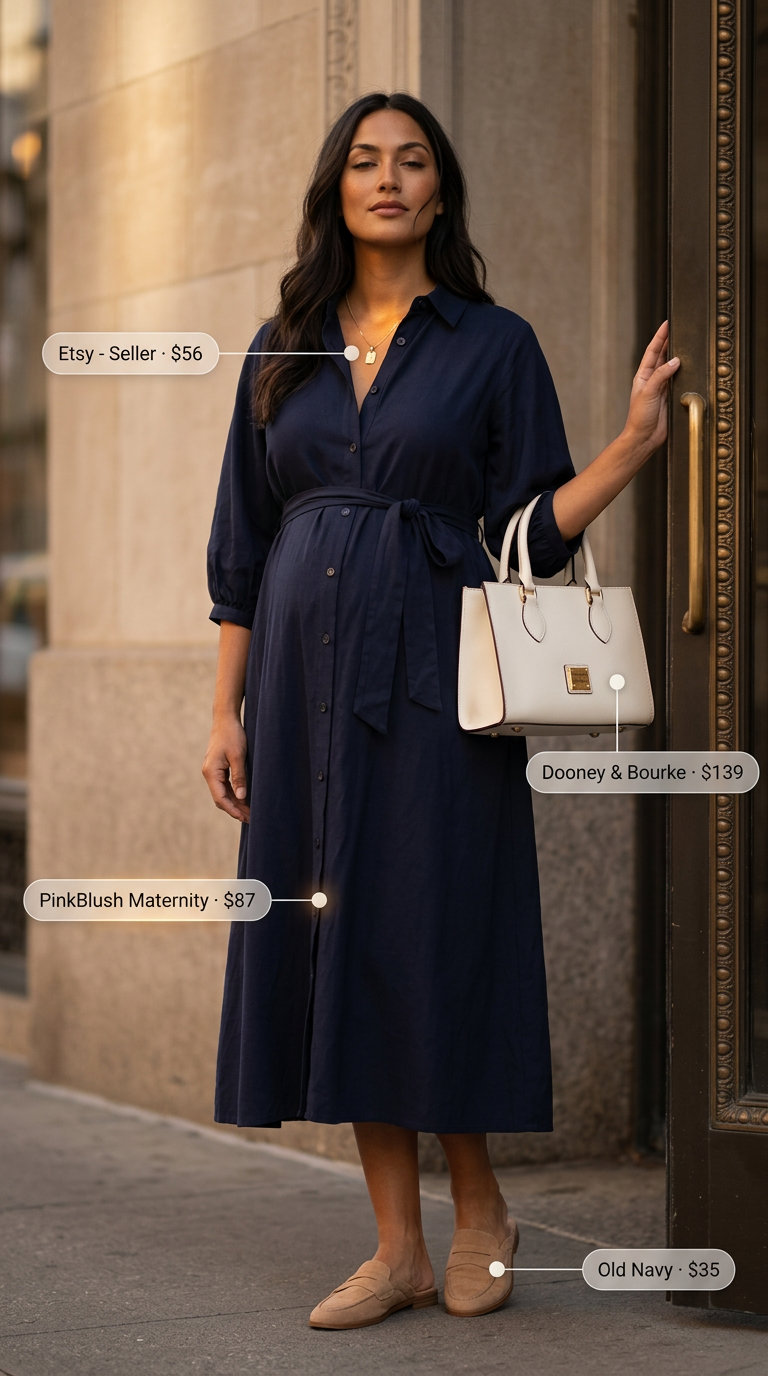 Stylish Maternity Summer Outfits 2026: Polished Daytime Style Stylish maternity summer outfits 2026: Navy shirt dress with tan flats for a polished daytime look.