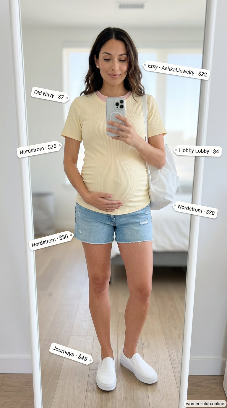 Stylish Maternity Summer Outfits 2026: Sunny Playdate Stylish maternity summer outfits 2026: Denim shorts, yellow tee, and white sneakers for a sunny park day.