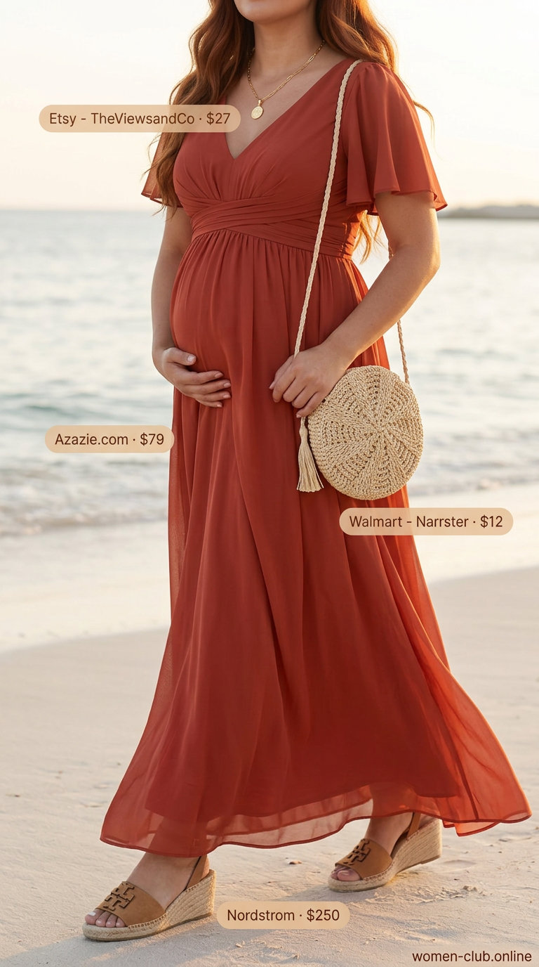 Stylish Maternity Summer Outfits 2026: Boho Maxi Dress Stylish maternity summer outfits 2026: Terracotta maxi dress, woven straw bag, and flat sandals for a boho beach dinner.