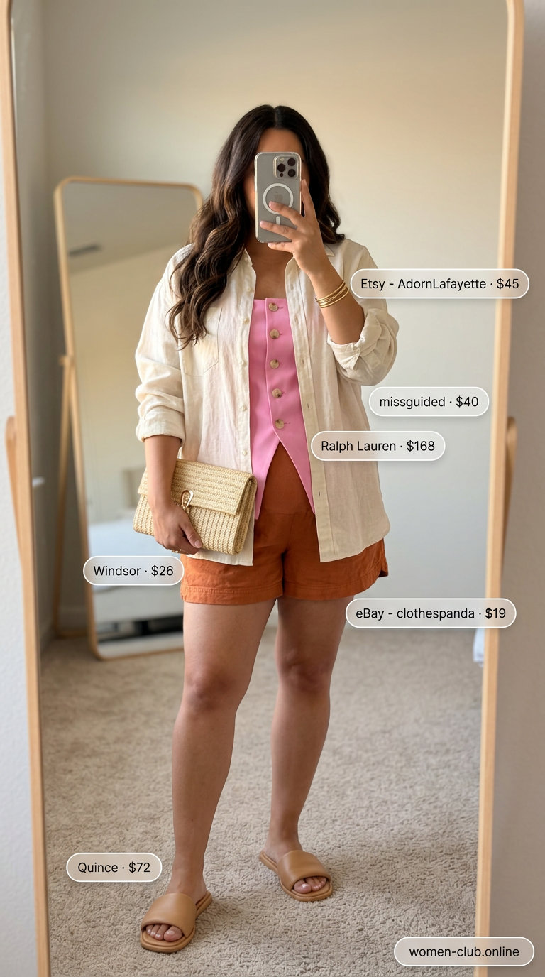 Stylish Maternity Summer Outfits 2026: Relaxed Summer Drinks Stylish maternity summer outfits 2026: Terracotta linen shorts with cream linen shirt for relaxed drinks.