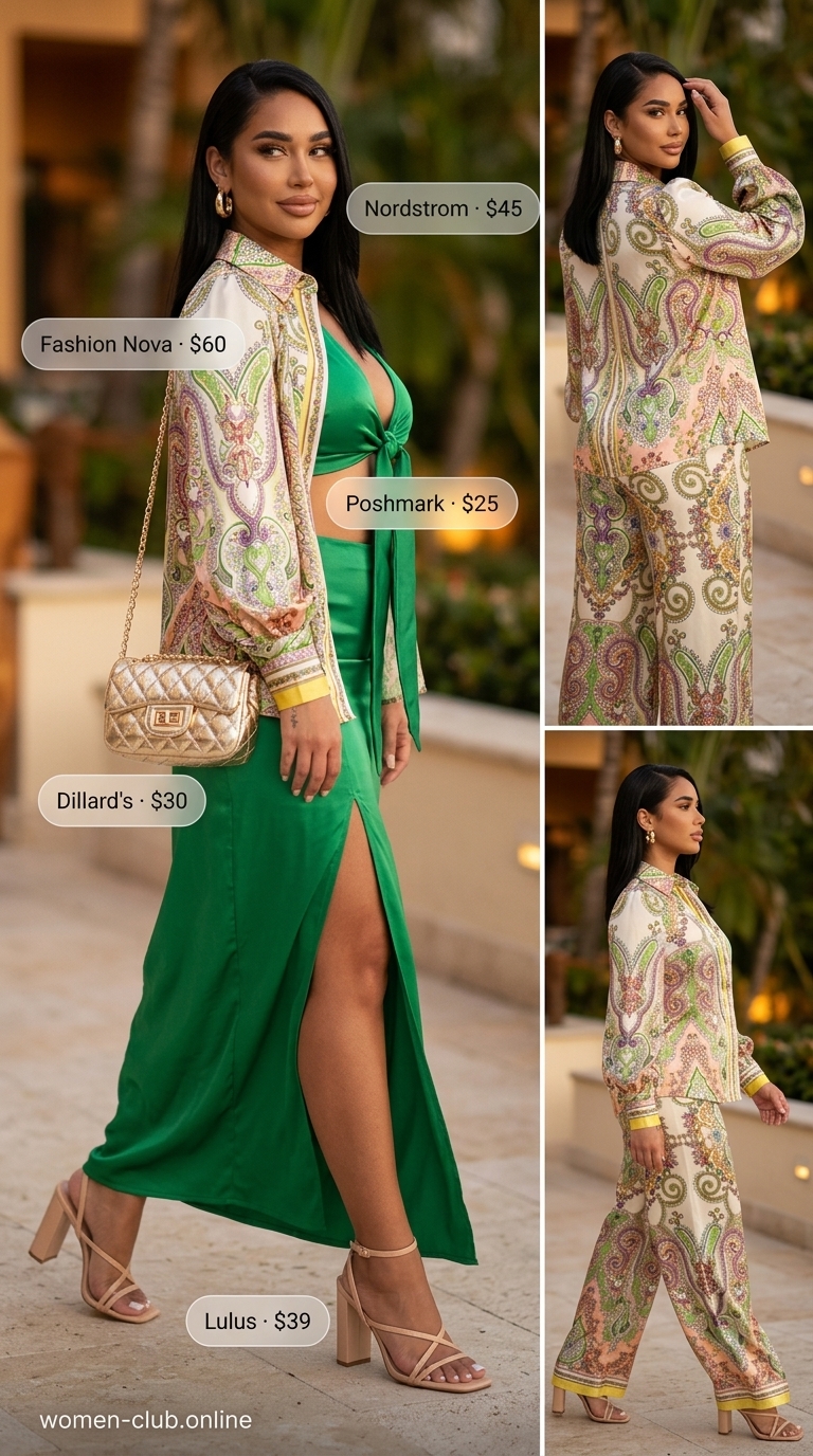 Stylish maternity summer outfits 2026: Emerald green satin matching set with gold accessories for a resort dinner.