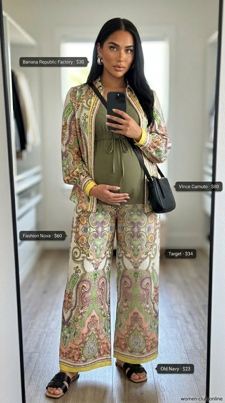 Stylish Maternity Summer Outfits 2026: Chic City Jumpsuit Stylish maternity summer outfits 2026: Olive green utility jumpsuit with black flats for city errands.