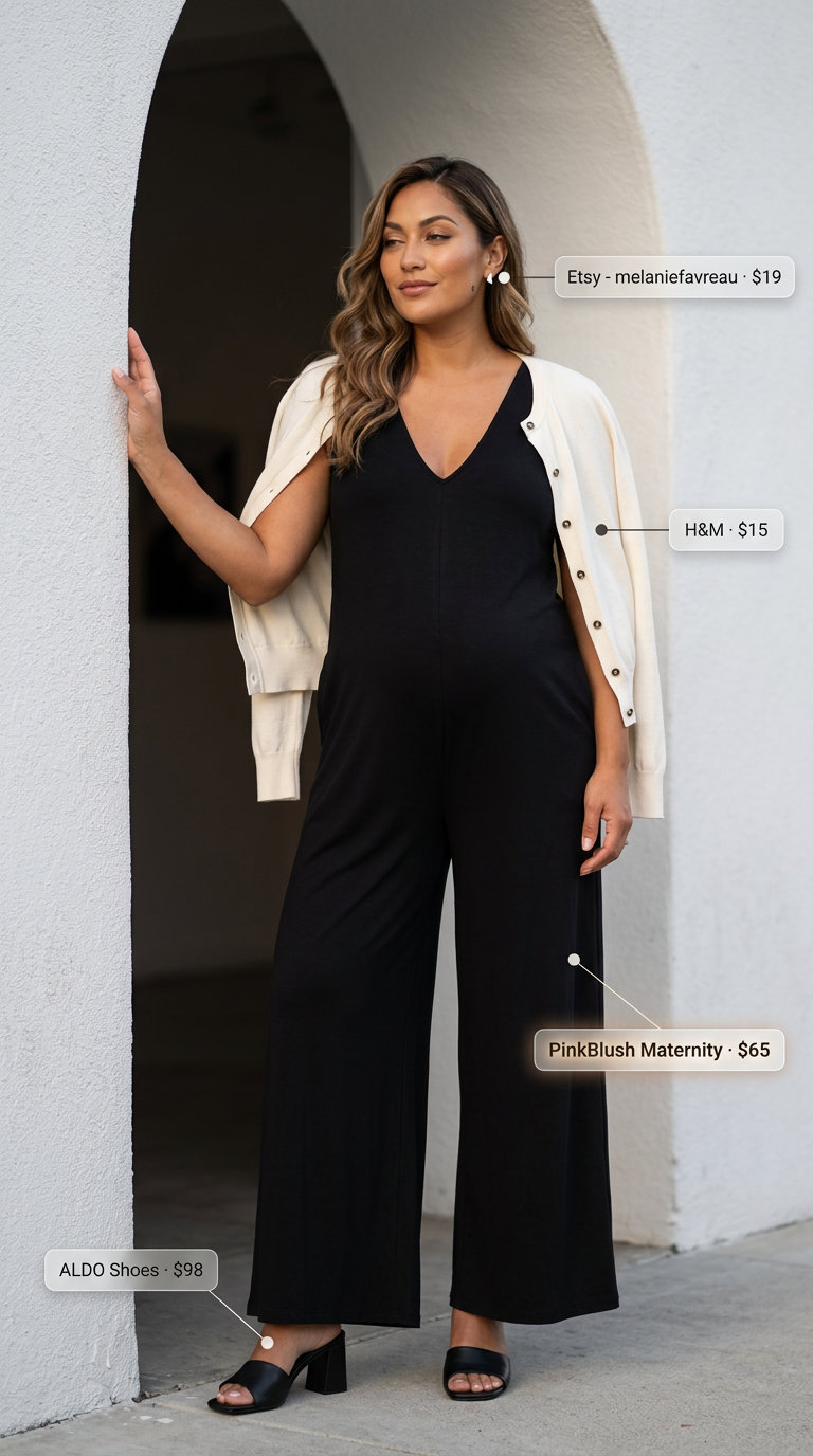 Stylish Maternity Summer Outfits 2026: Urban Minimalist Mama Stylish maternity summer outfits 2026: Black wide-leg jumpsuit with silver accessories for an art gallery visit.