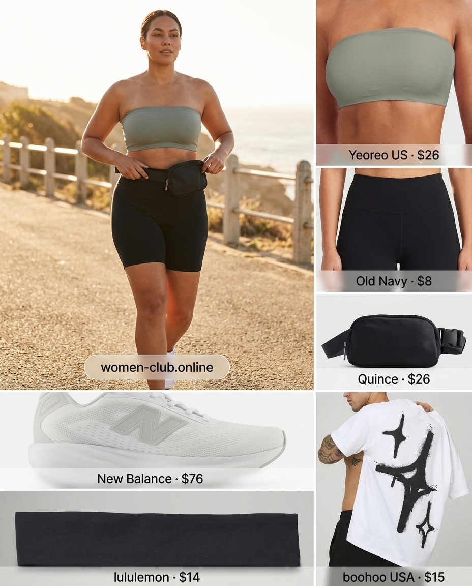 Light grey bandeau sports bra for women 2026, styled with biker shorts and an oversized tee for active wear.