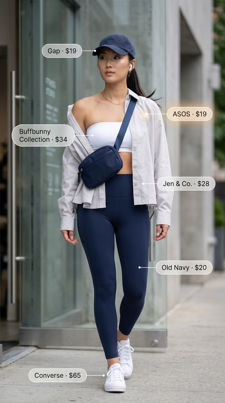 White seamless bandeau top for women 2026, layered under an oversized shirt for an elevated athleisure look.