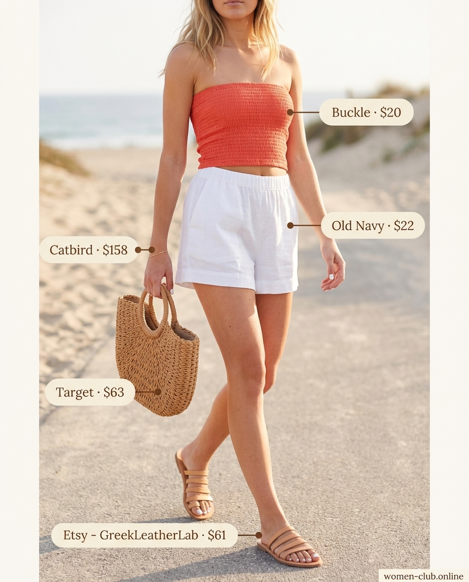 Coral knit bandeau top for women 2026, paired with linen shorts for a relaxed beach day look.