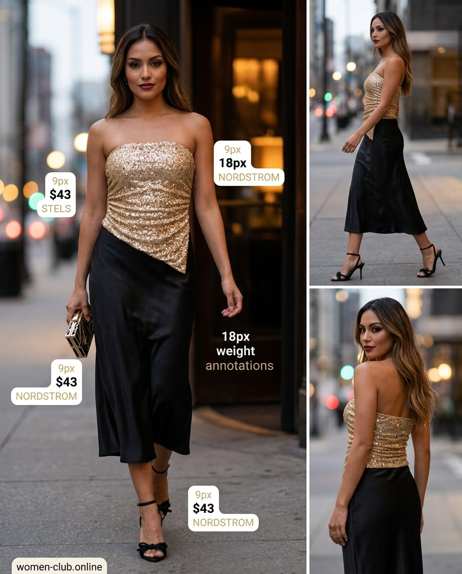 Champagne sequin bandeau top for women 2026, paired with a satin midi skirt for an elegant evening look.