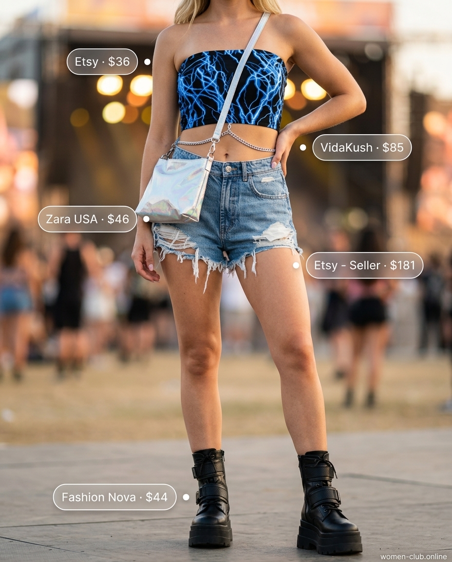 Electric blue graphic bandeau top for women 2026, paired with denim shorts, combat boots, and silver body harness for a festival vibe.