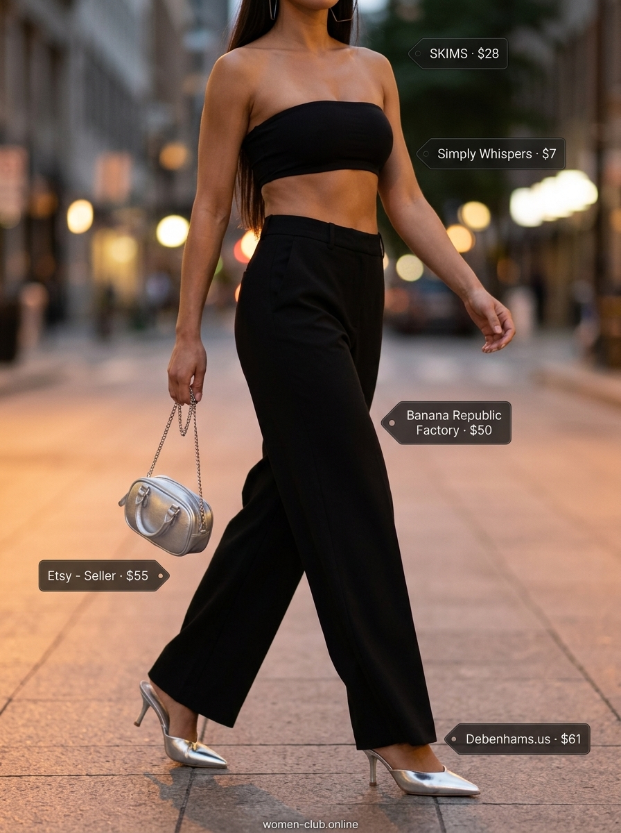 Black jersey bandeau top for women 2026, paired with wide-leg trousers for a modern urban outfit.