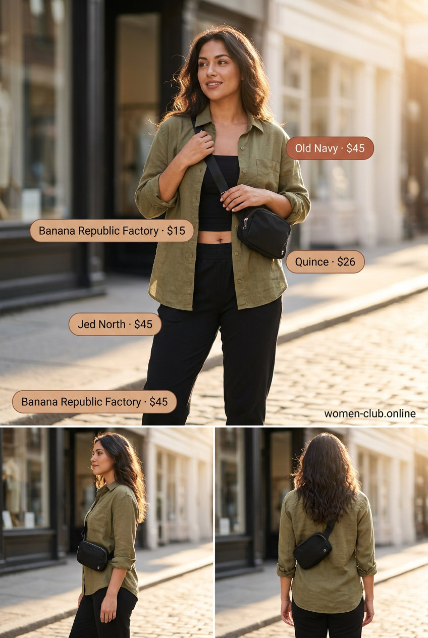 Athleisure summer bandeau top outfit 2026 with olive shirt, black joggers, and belt bag.