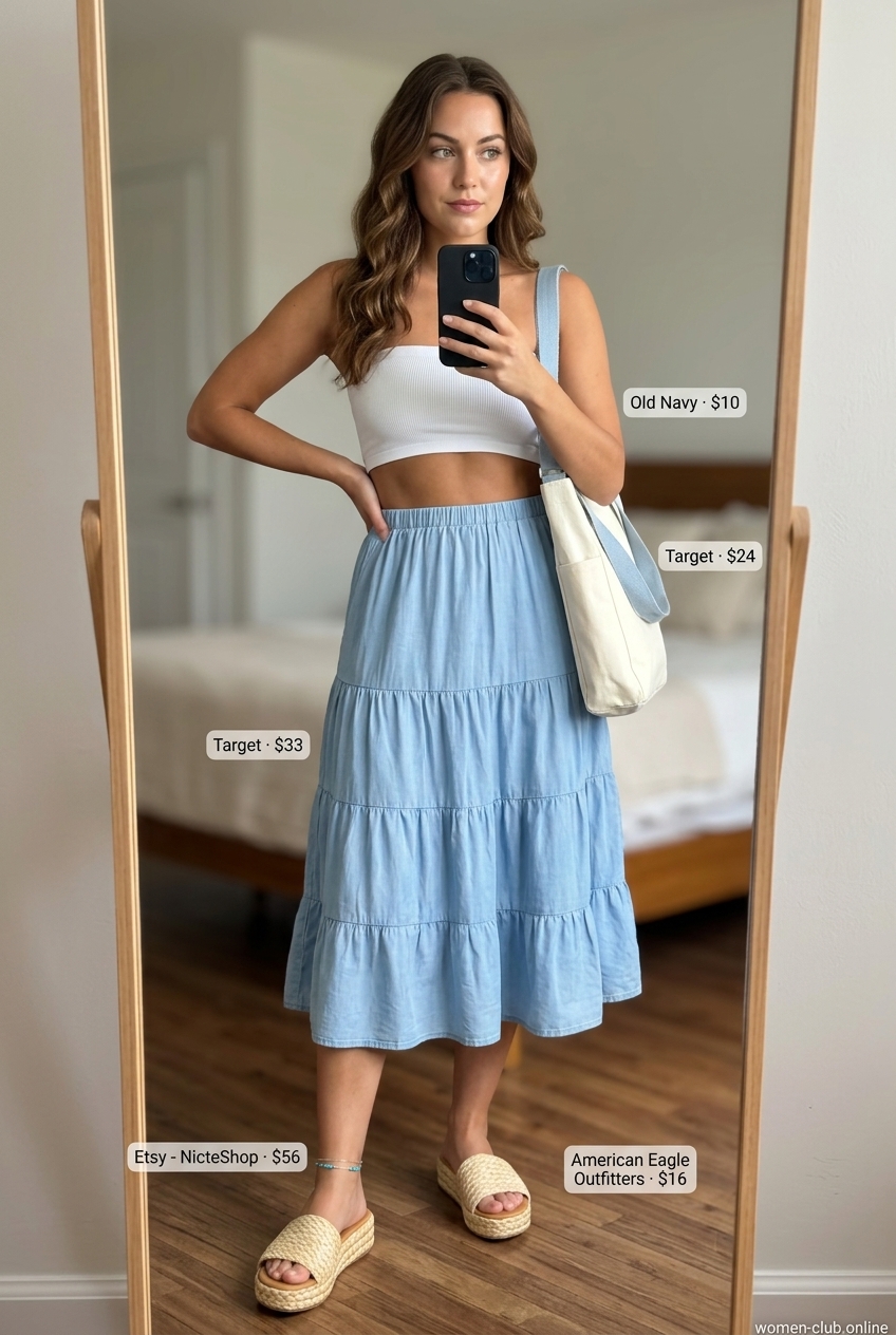 Coastal Breeze summer bandeau top outfit 2026 with white ribbed top, pastel blue midi skirt, and espadrille slides.