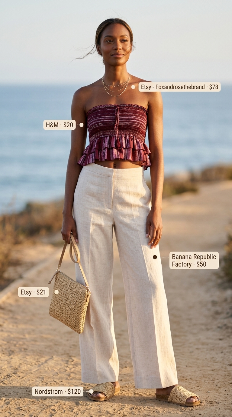 Sunset Beachside Breeze: Coral bandeau top, beige linen pants, woven sandals for summer vacation 2026.