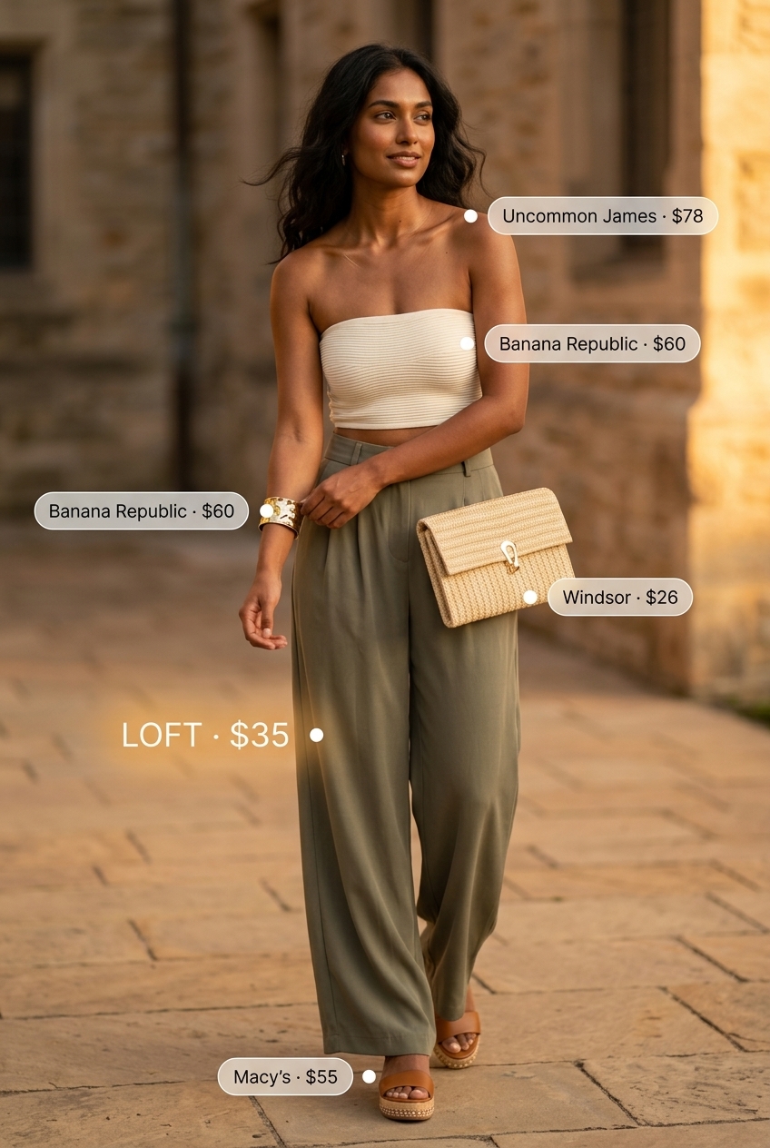 Sunset Cruise Ready: Cream bandeau top, olive palazzo pants, espadrilles for summer parties 2026.