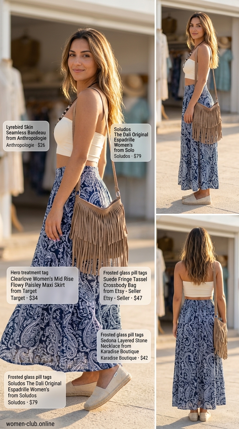 Boho Beach Bandeau: Cream bandeau top, paisley maxi skirt, espadrilles for beach vacation 2026.