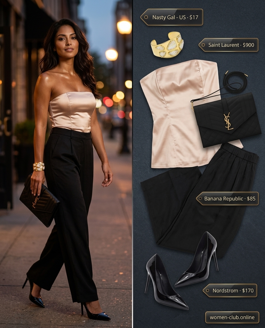 Elegant summer bandeau top outfit 2026 with champagne satin top, black wide-leg trousers, and stiletto heels.