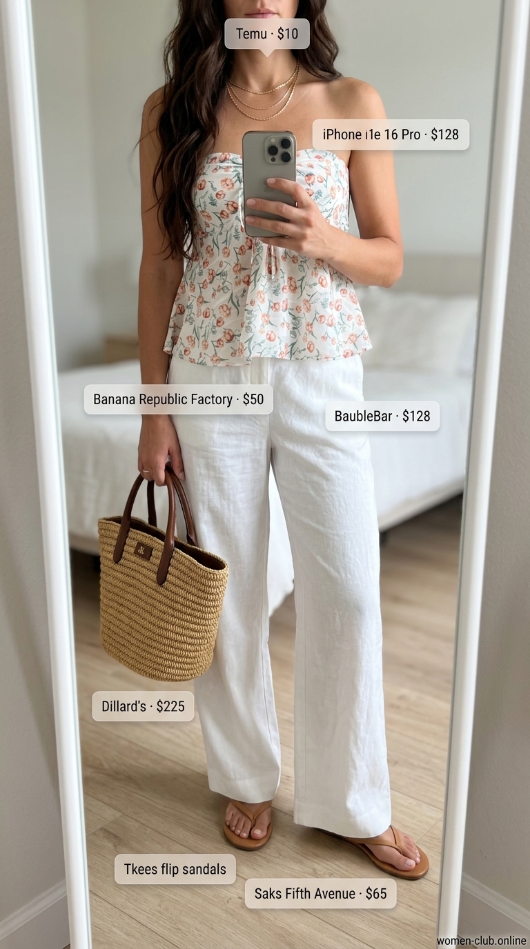 Sunset Beach Babe outfit: Multi-color floral bandeau top, white linen pants, tan sandals for summer vacation 2026.