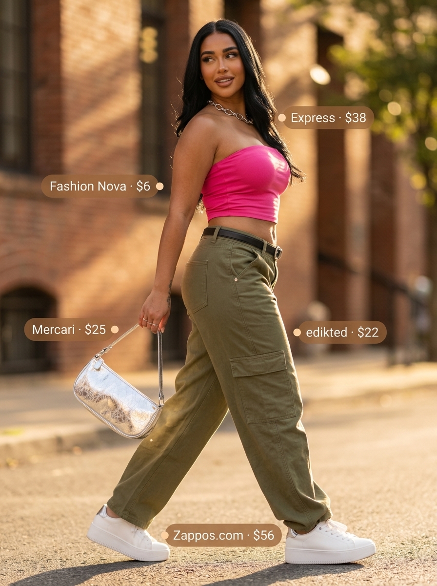 Y2K Pop: Hot pink bandeau top, olive cargo pants, silver bag, and platform sneakers for concerts 2026.
