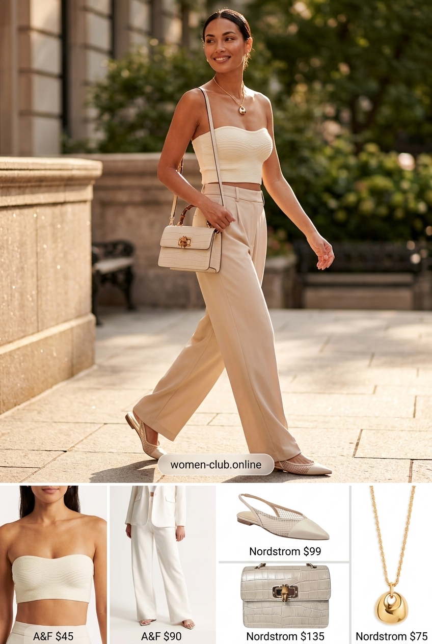 Monochrome summer bandeau top outfit 2026 with beige trousers, cream bandeau top, and slingback flats.