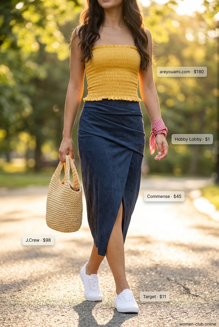 Retro Summer Days: Mustard yellow bandeau top, navy midi skirt, canvas sneakers for picnics 2026.