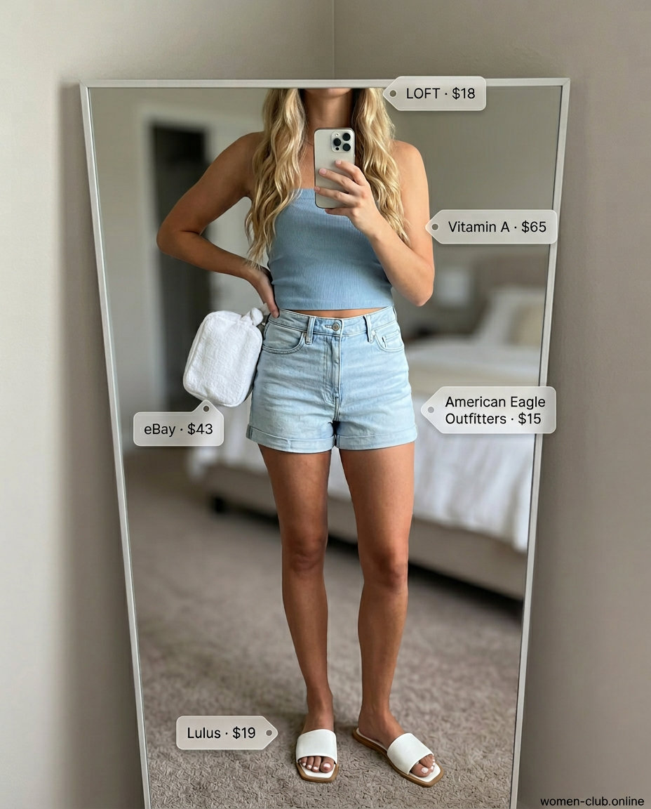 Poolside summer bandeau top outfit 2026 with sky blue top, denim shorts, and slide sandals.