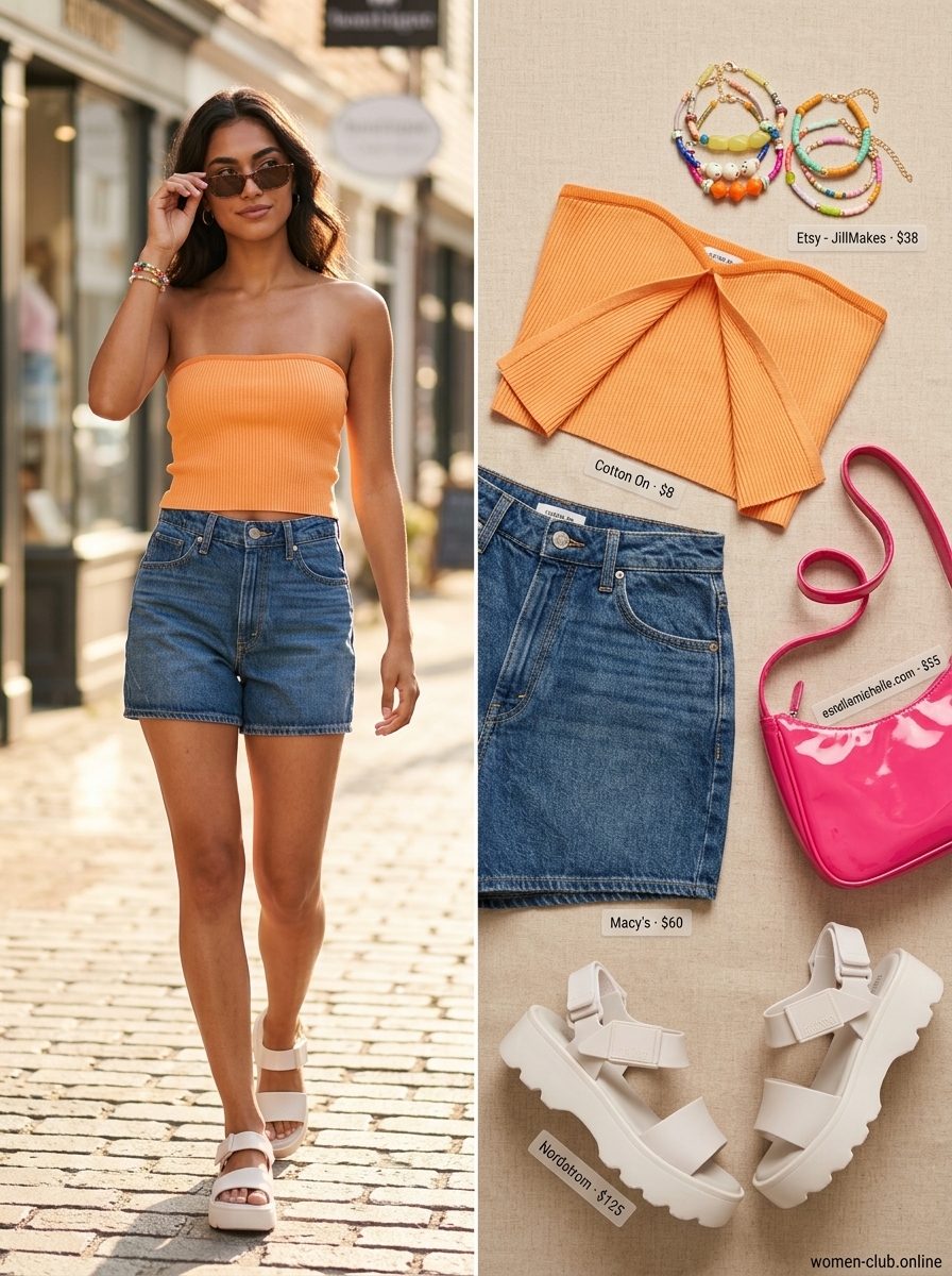 Retro summer bandeau top outfit 2026 with orange top, denim shorts, and platform sandals.