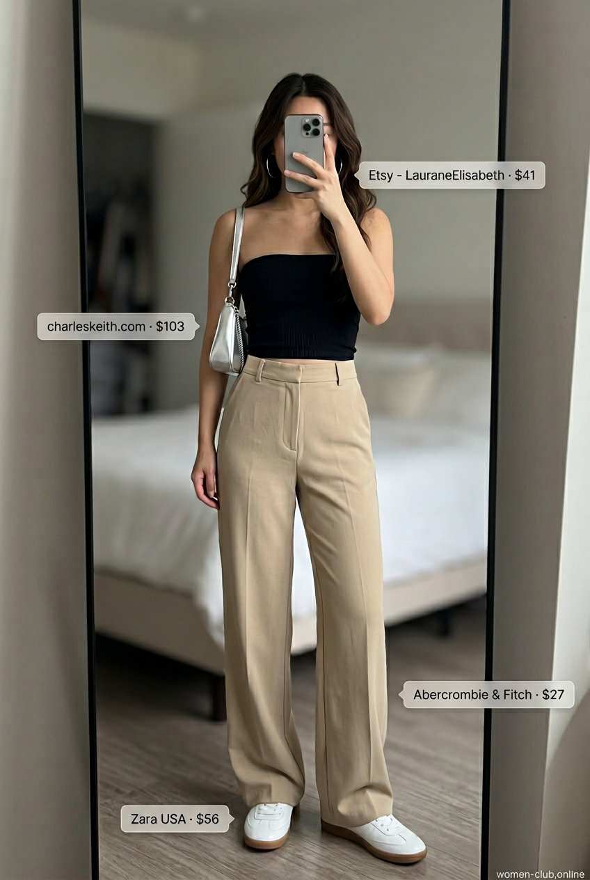 Urban Explorer summer bandeau top outfit 2026 with black bandeau, khaki trousers, and white sneakers.
