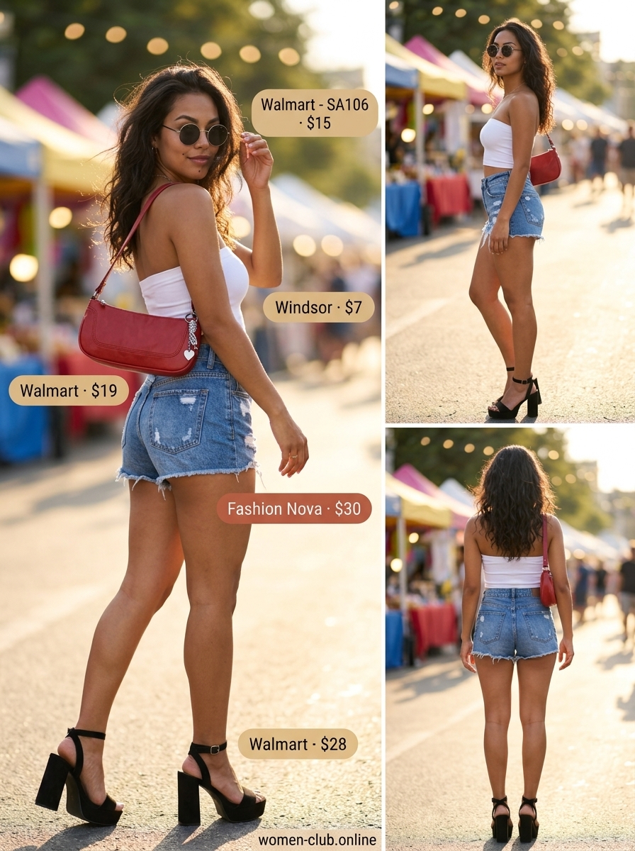Retro Vibes: White bandeau top, denim shorts, platform sandals for casual summer days 2026.