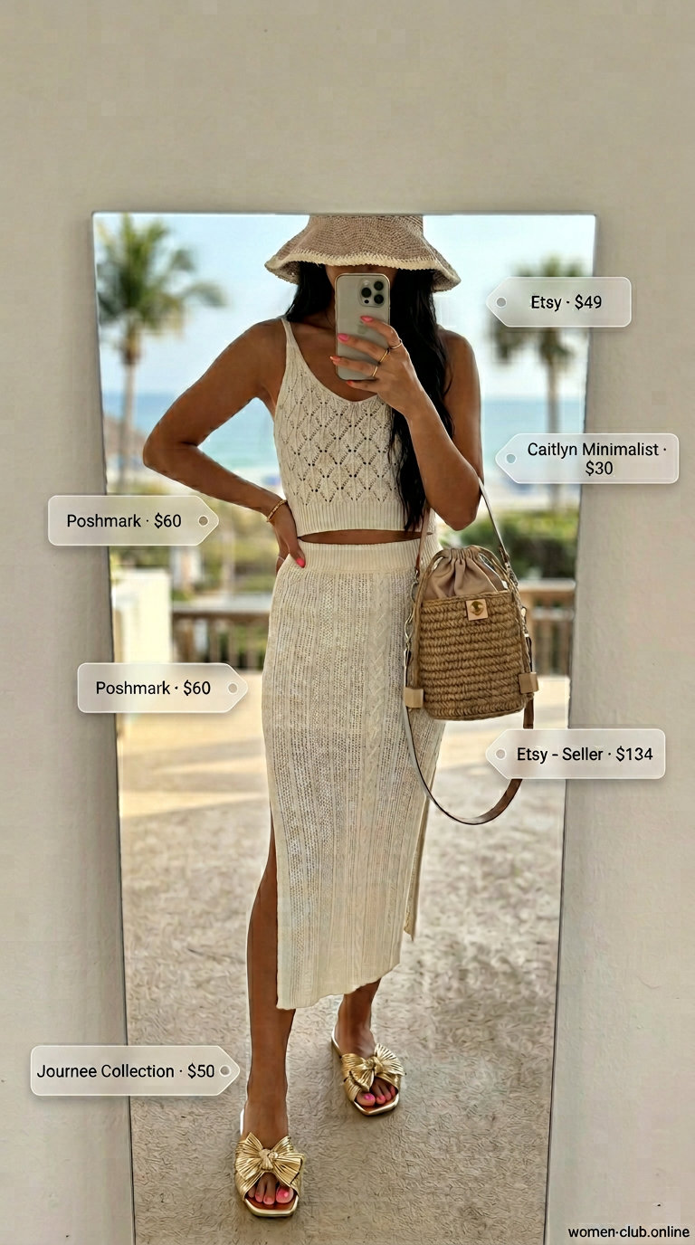 Artisan crochet knit midi skirt and crop top with a floppy straw hat for summer beach outfits with hats for women 2026.