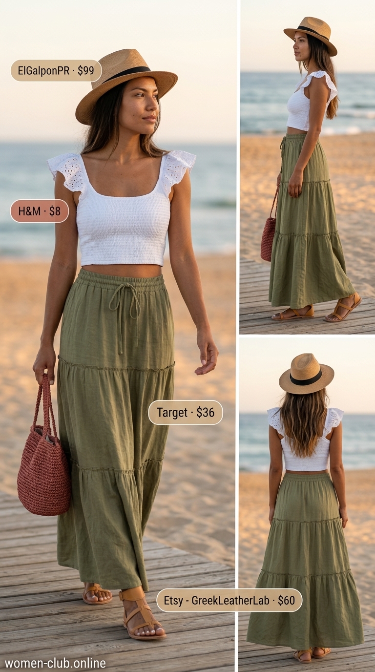 Bohemian skirt outfit with Panama hat for summer beach outfits with hats for women 2026. Market visit style.