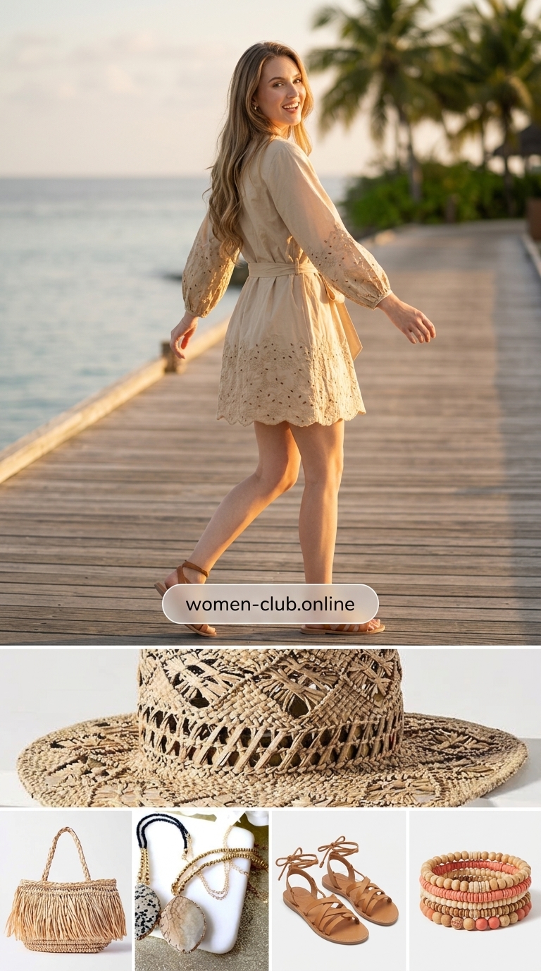 Boho tunic dress with straw boater hat and layered necklaces for summer beach outfits with hats for women 2026.