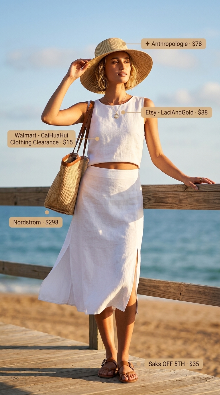 Linen shift dress with a wide-brim straw hat for summer beach outfits with hats for women 2026.