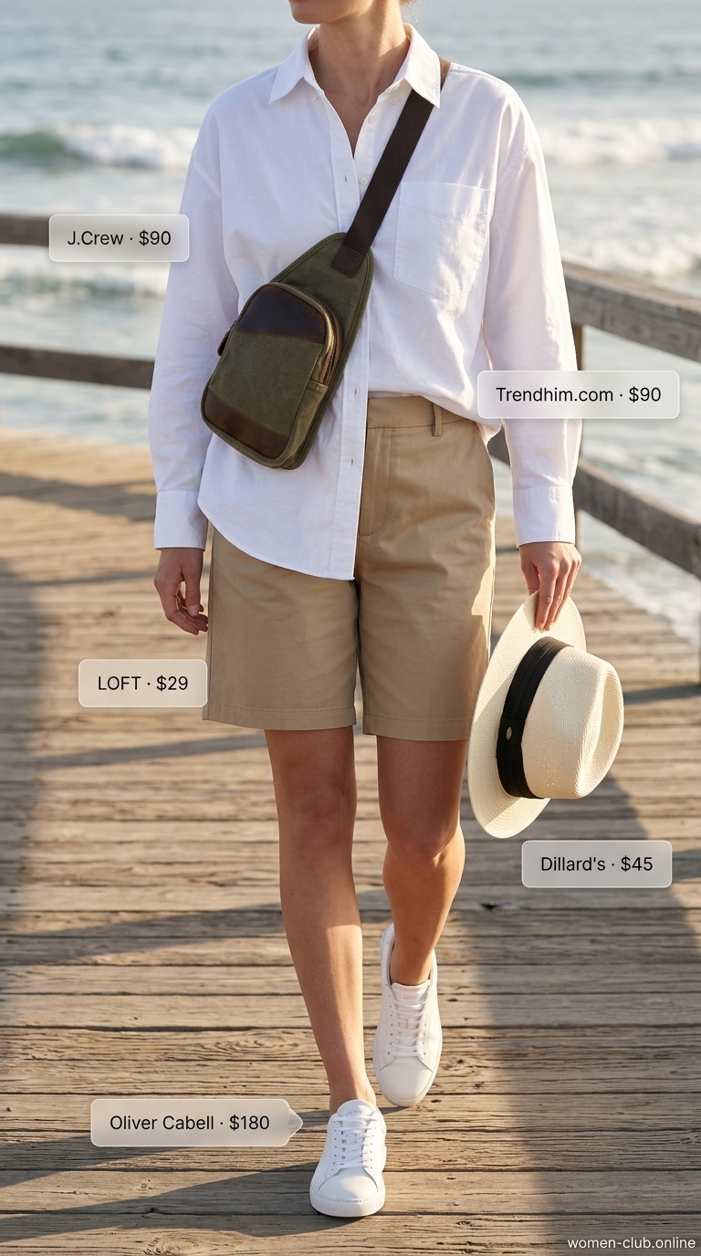 Khaki Bermuda shorts with a white button-down shirt and Panama hat for summer beach outfits with hats for women 2026.