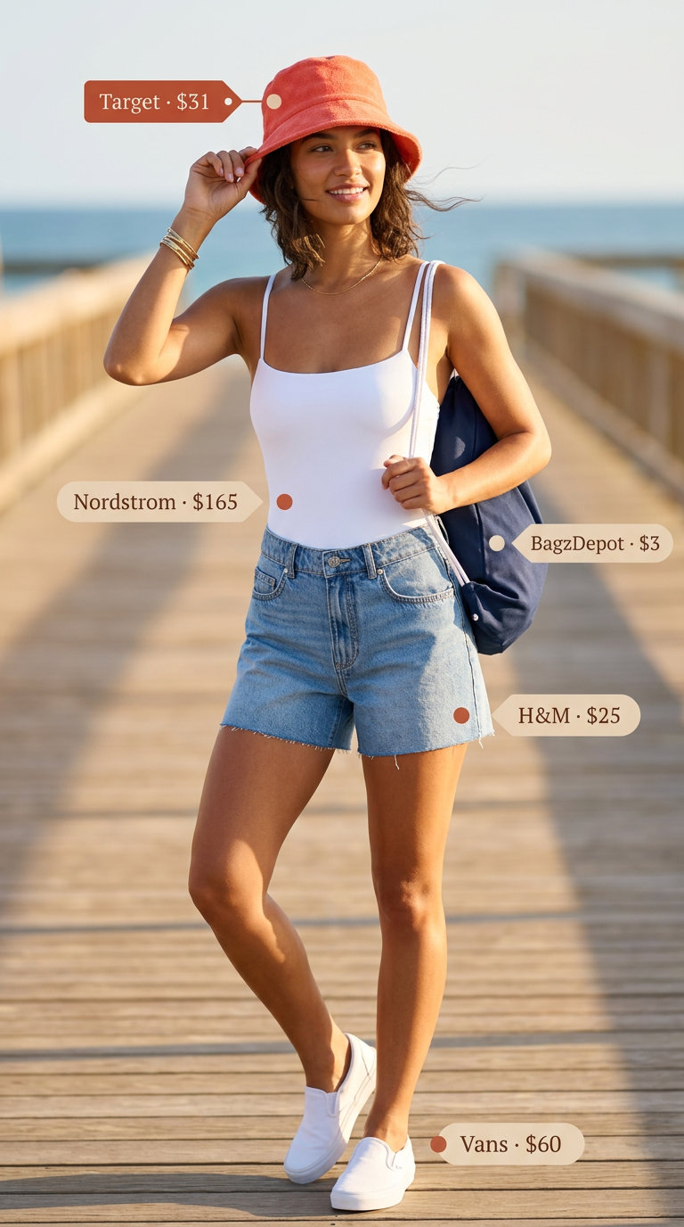 Sporty coral bucket hat with denim shorts and swimsuit for summer beach outfits with hats for women 2026.