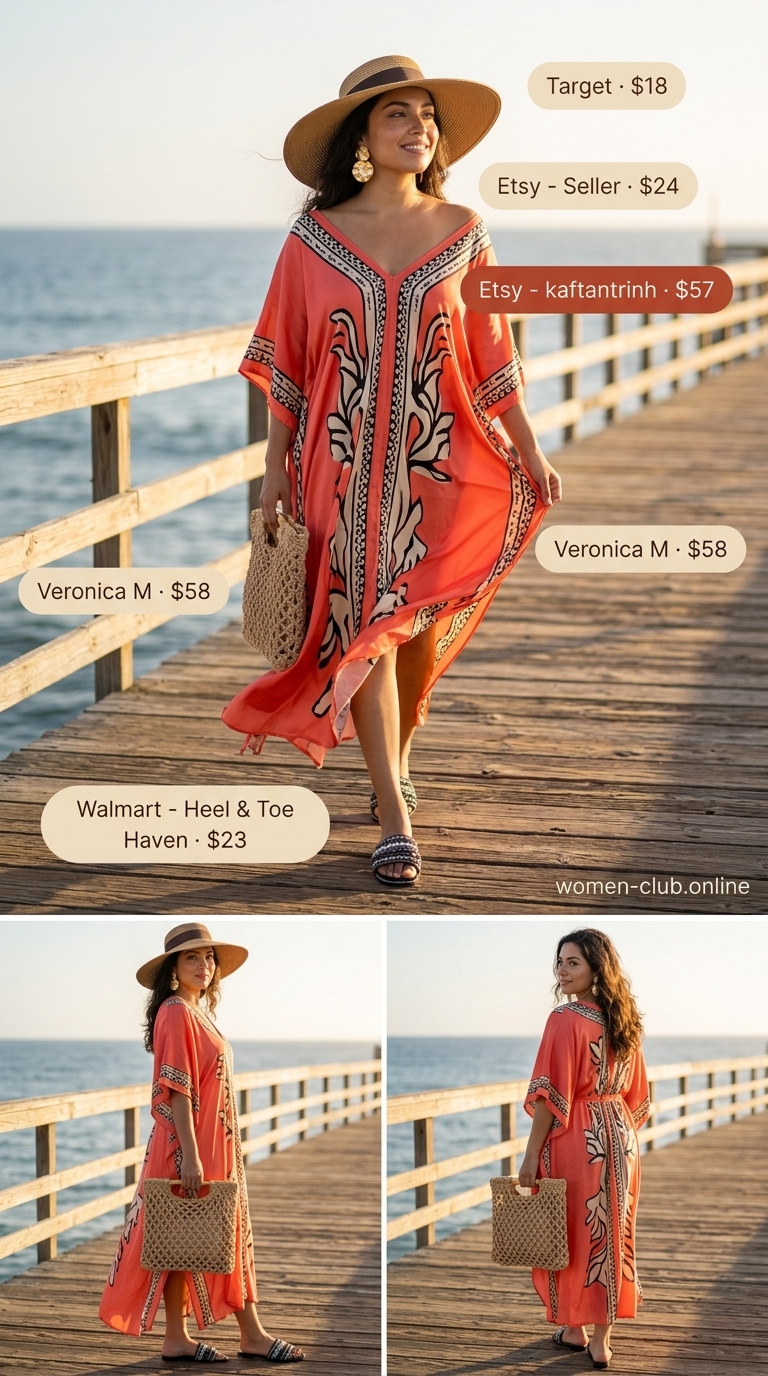 Flowy coral caftan dress with straw visor for summer beach outfits with hats for women 2026.