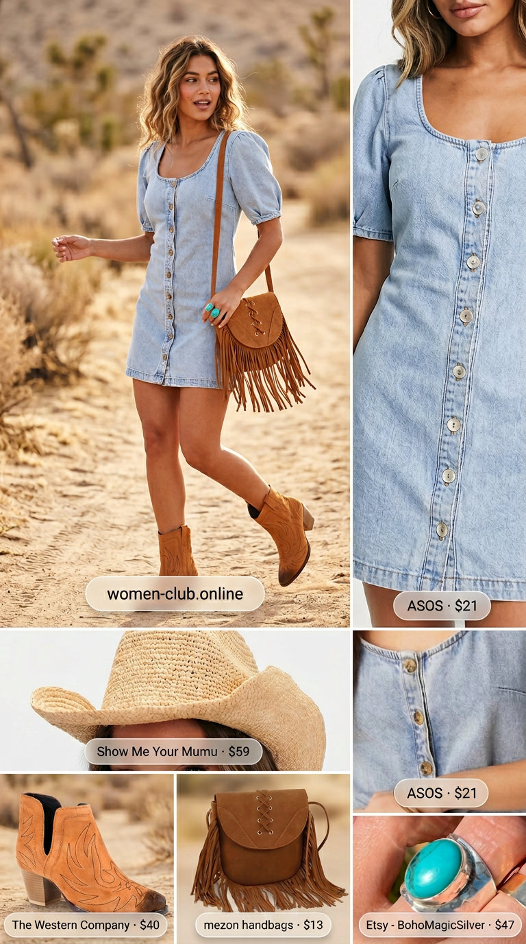 Denim mini dress with cowboy hat for summer beach outfits with hats for women 2026. Boho festival style.