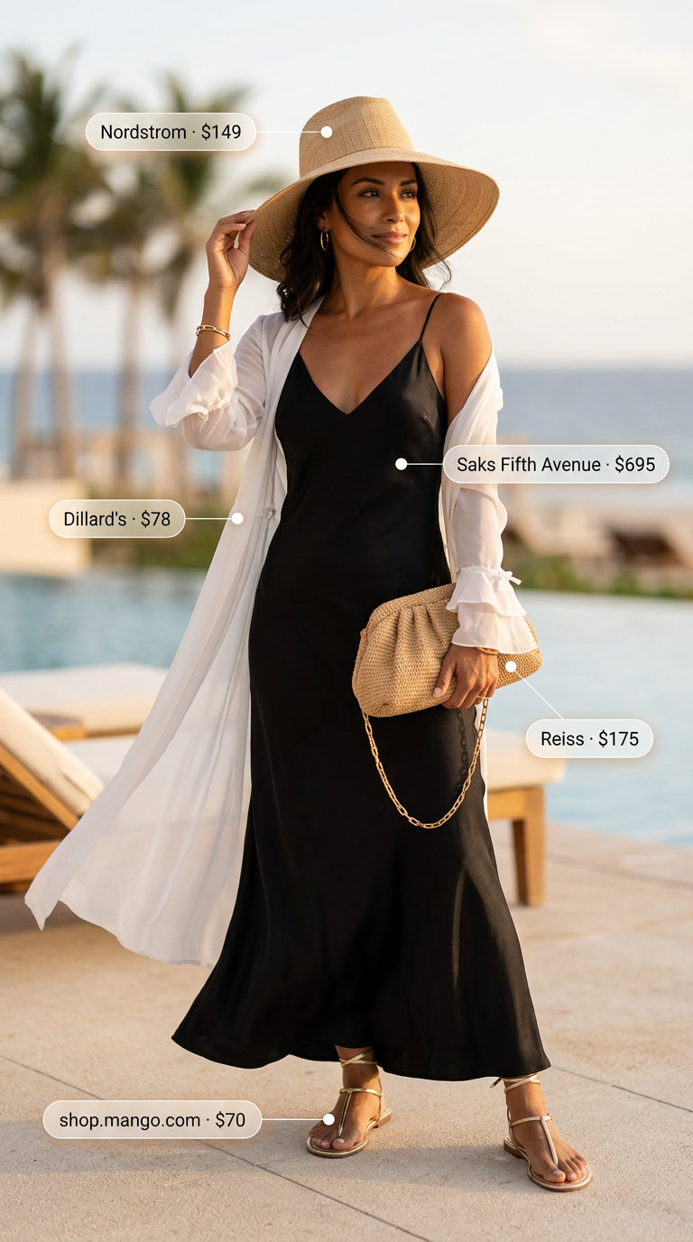 Black slip dress with a sheer kimono and floppy straw hat for summer beach outfits with hats for women 2026.