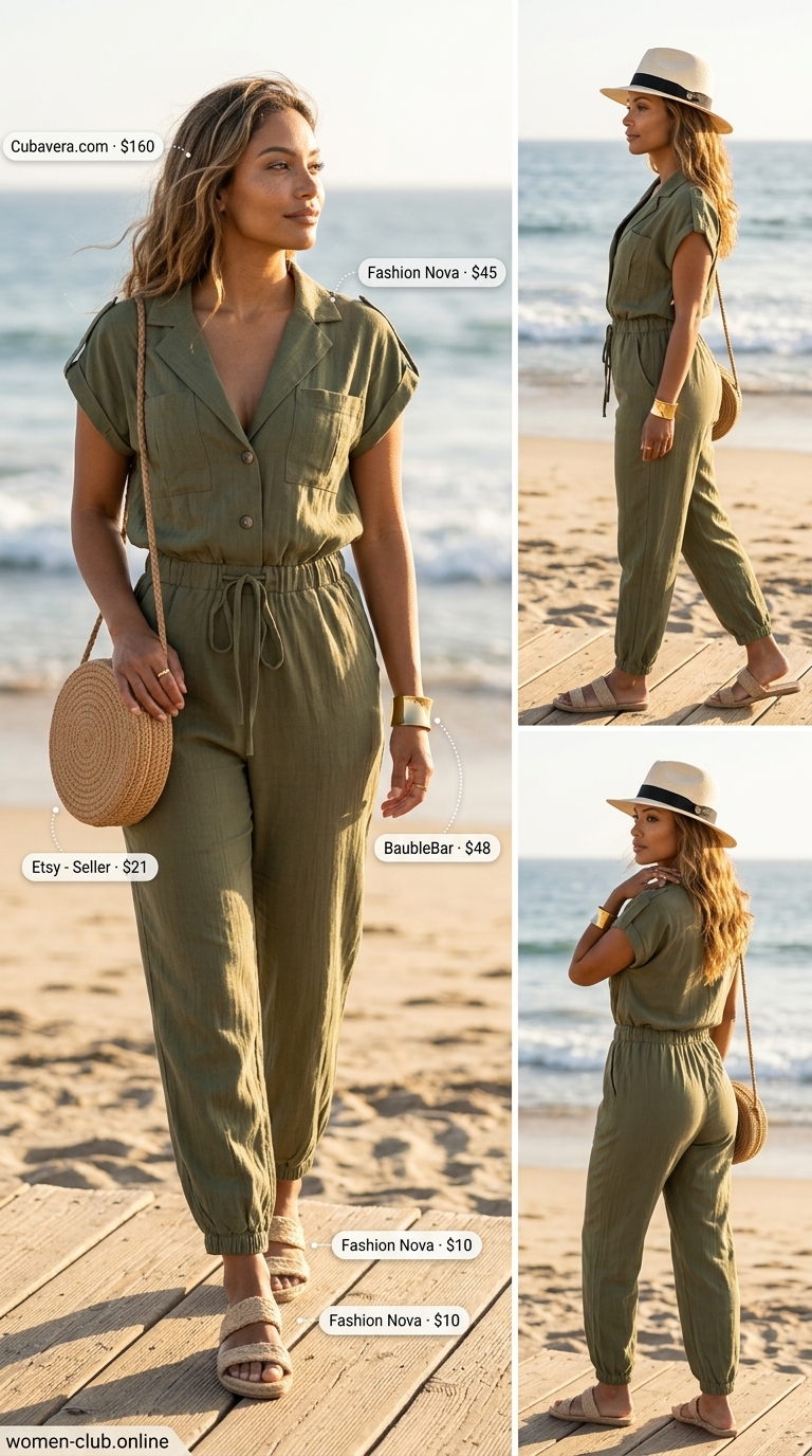 Safari chic jumpsuit with Panama hat for summer beach outfits with hats for women 2026. Island excursion style.