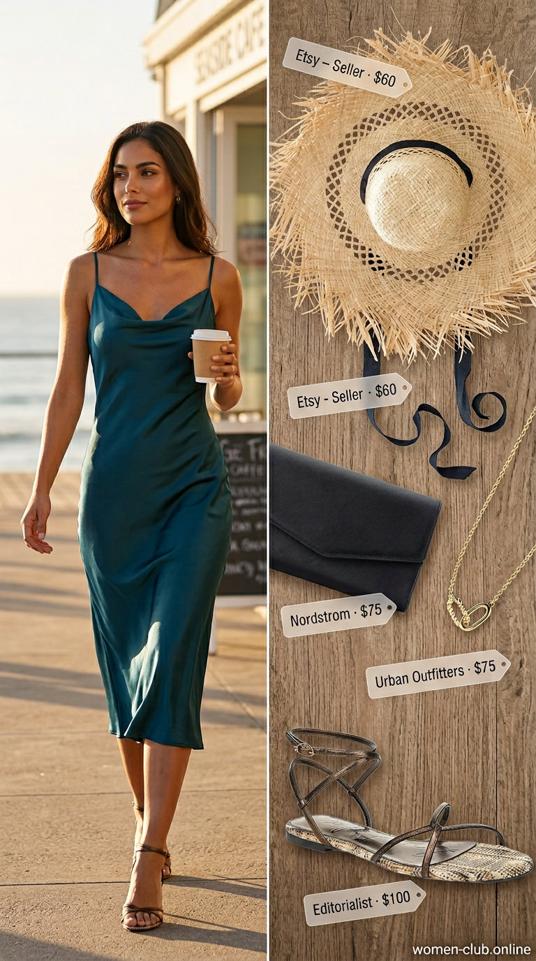 Deep teal slip dress with an oversized straw hat for summer beach outfits with hats for women 2026.