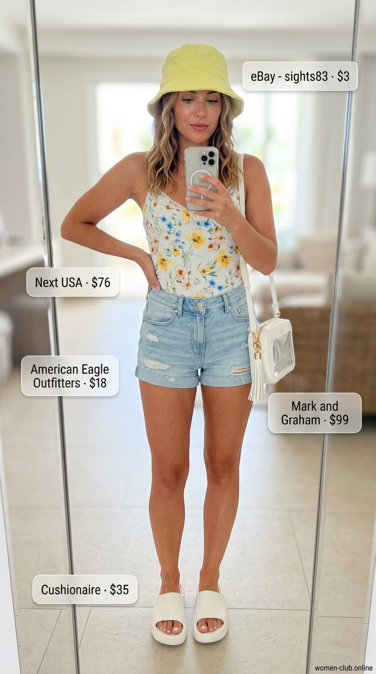 Playful yellow bucket hat with floral swimsuit and denim shorts for summer beach outfits with hats for women 2026.