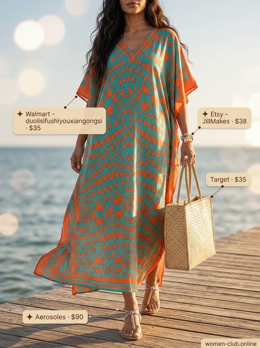 Boho beach caftan dress outfit 2026: Teal, orange, cream abstract print maxi dress with straw tote and embellished sandals.