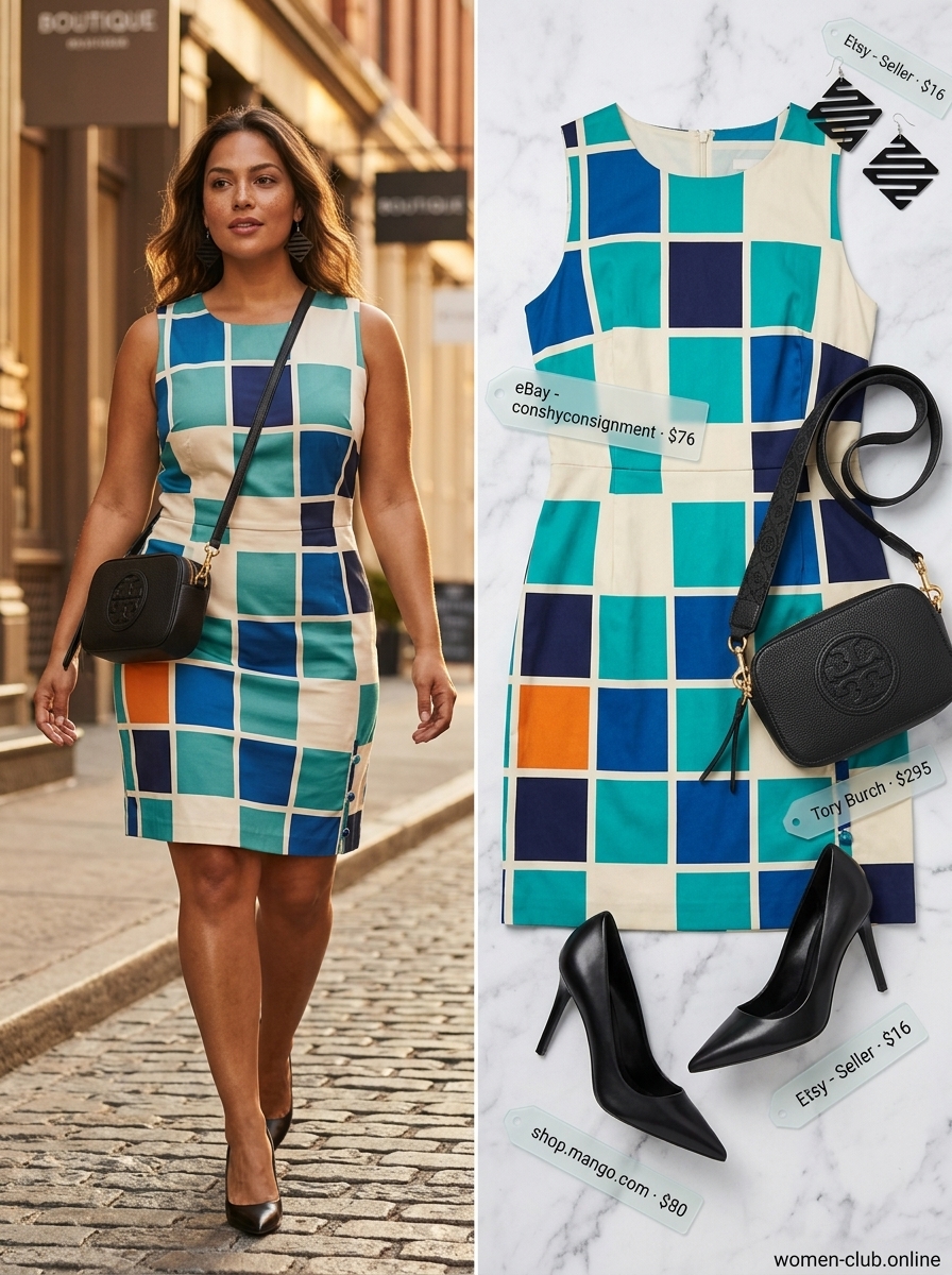 Bold color block midi dress outfit 2026: Fitted midi dress with geometric pattern, pointed heels, and crossbody bag.