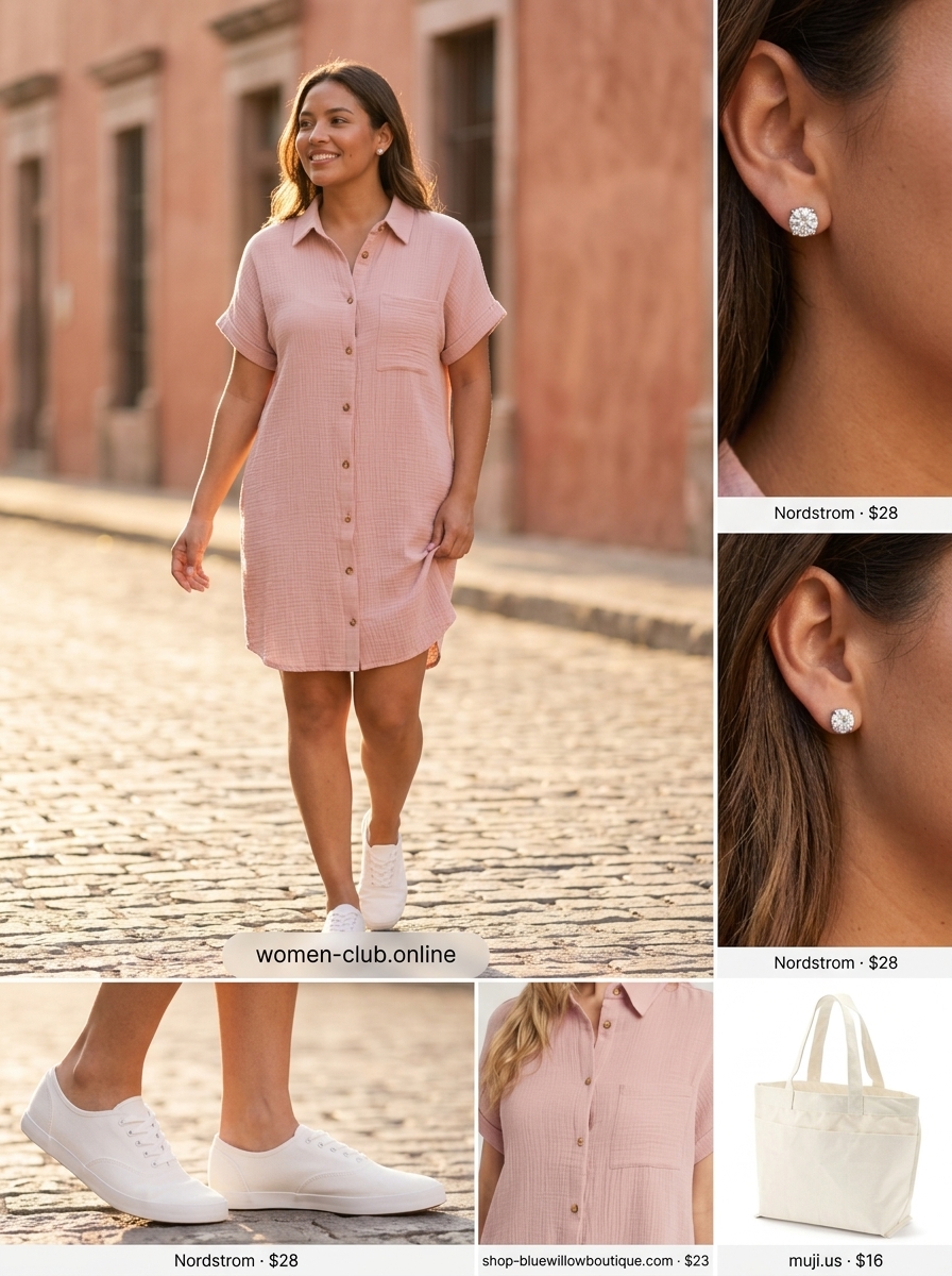 Casual comfort shirtdress outfit 2026: Blush pink cotton shirtdress with white sneakers and canvas tote bag.