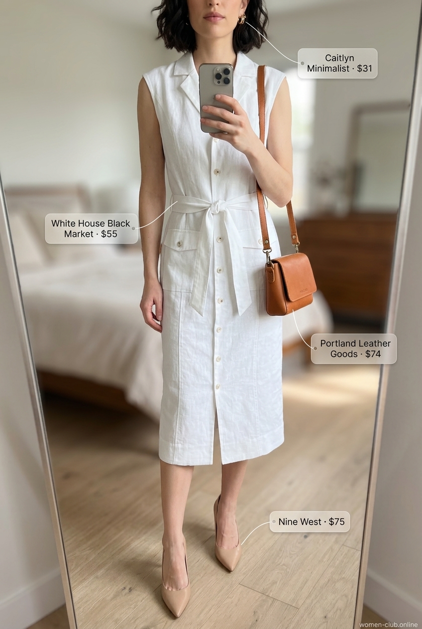 Chic white belted shirt dress for women 2026, styled with tan crossbody bag and nude heels for office casual.
